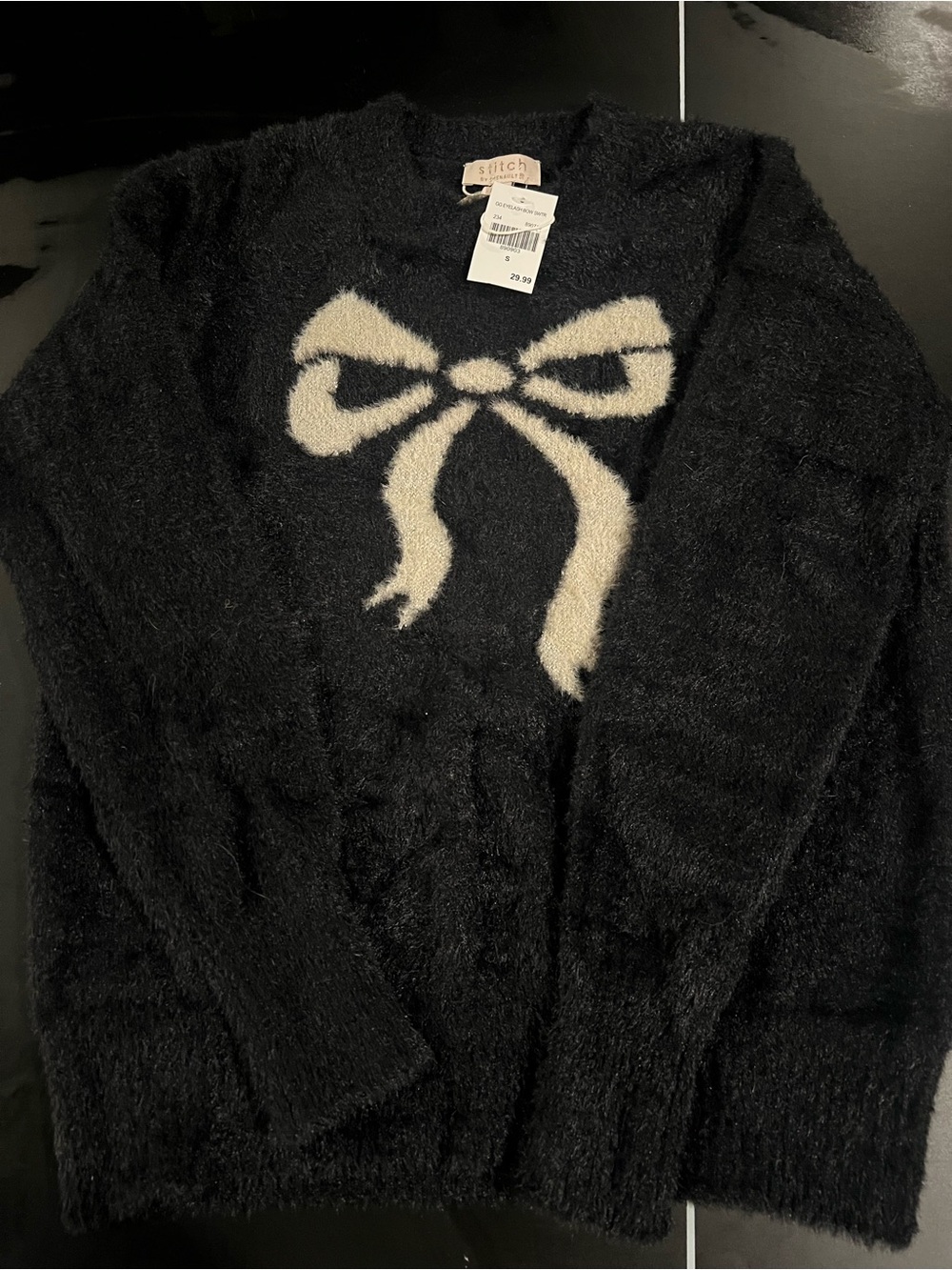 Stitch Black Fuzzy Crewneck Sweater with Cream Bow